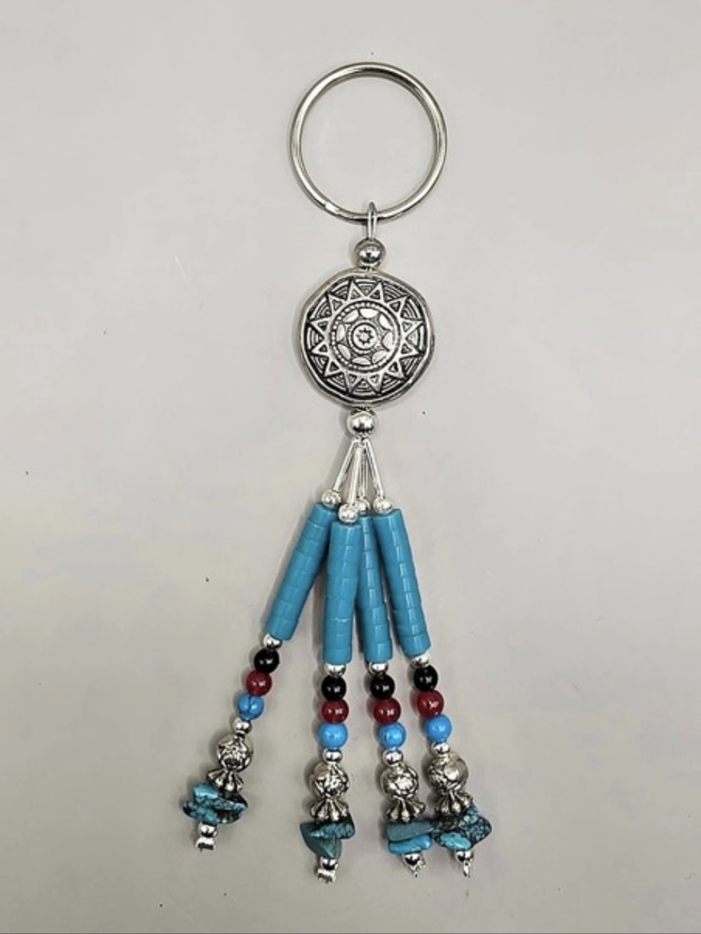 Southwest Style Turquoise Beaded Tassel Keychain Round Sun Medallion Boho 5"